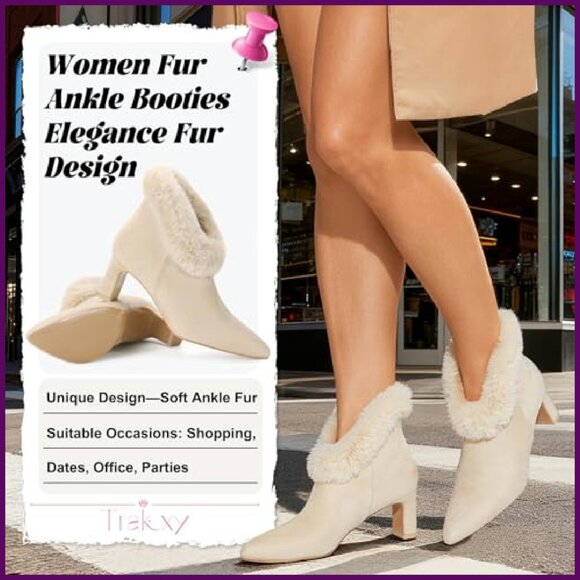 Faux Suede Ankle Boots Chunky Heel Pointed Toe Zipper Dress Booties - Picture 4 of 8